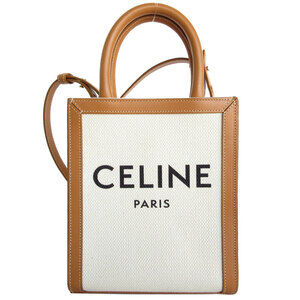 Celine Vertical Cabas Canvas Leather Shoulder Bag Natural Brown